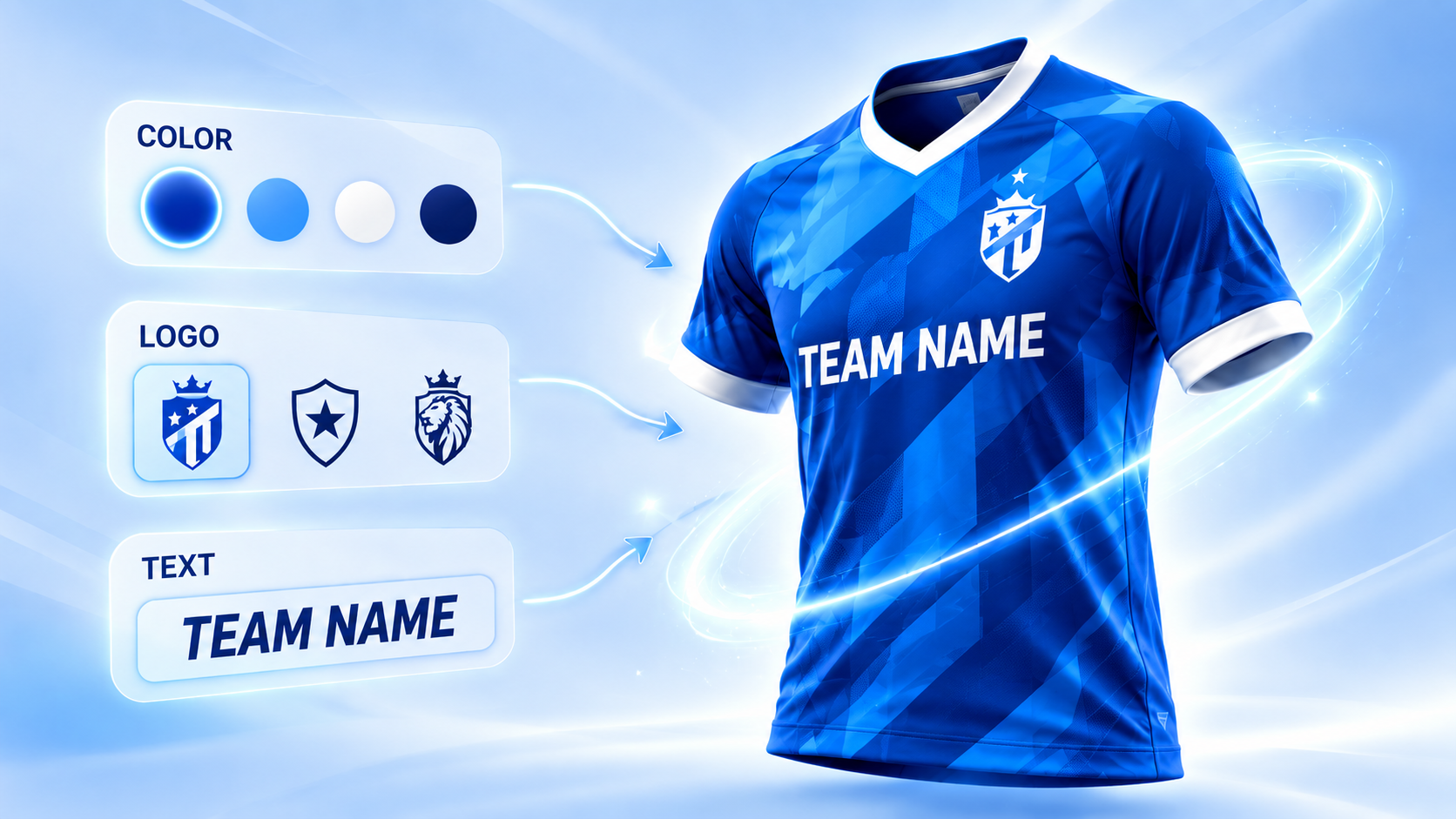 Blue custom sports jersey with colour, logo and team-name personalisation options