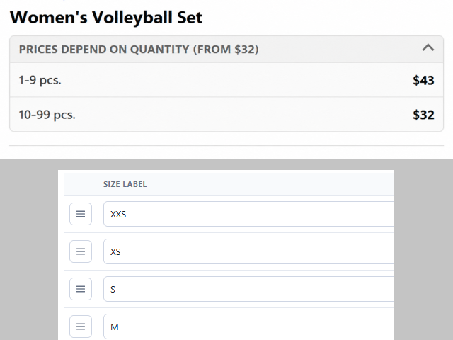 Size choices, quantity tiers and an order total